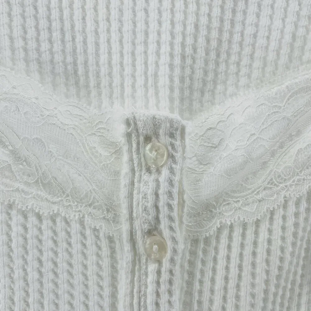 NWT Free People Women’s M Ivory Waffle Knit Lace Button Front Top Boho Coastal